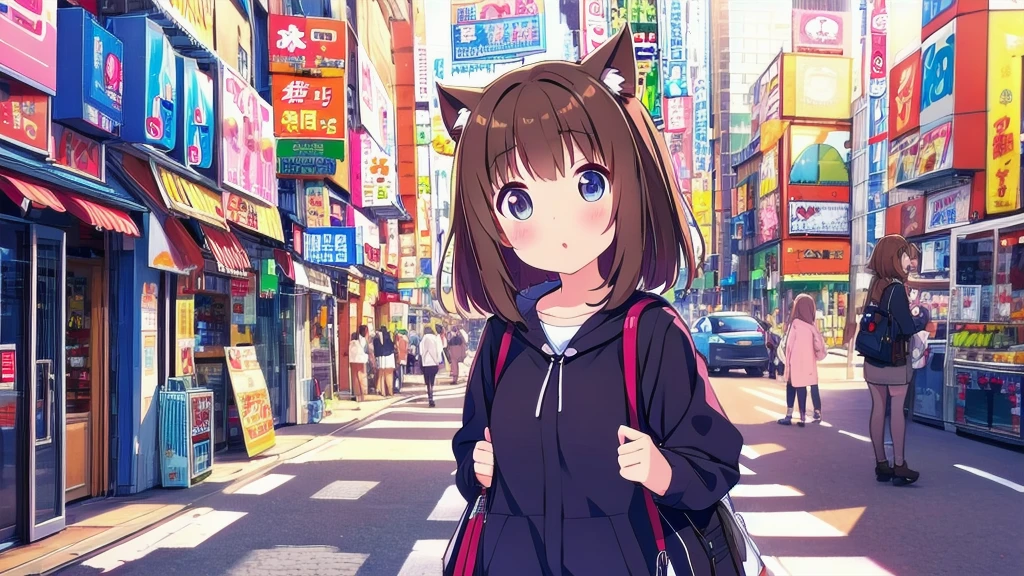 cat girl bear girl cute excellent quality on Akihabara street in brown hair brown eyes white hair blue eyes