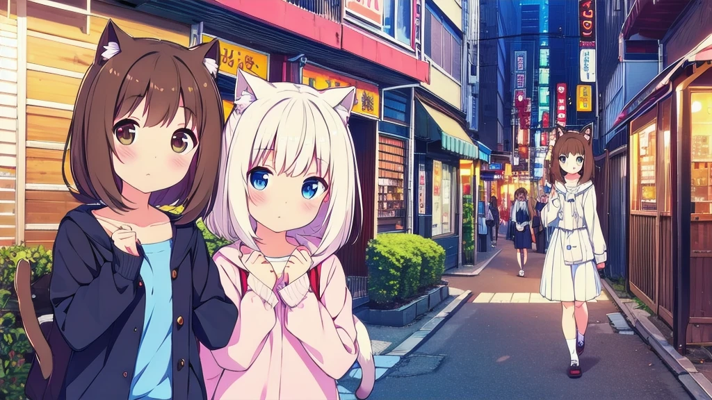 cat girl bear girl cute excellent quality on Akihabara street in  brown hair brown eyes white hair blue eyes 