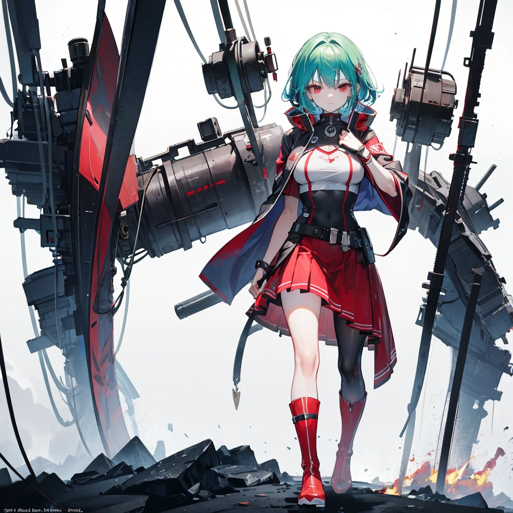 (Tabletop, Highest quality), (Perfect athletic body: 1.2), (Fine hair), Super Detailer, Anime Style, whole body, alone, Cyberpunk Karate Girl, Sea green twin hairstyle with red eyes, Wearing a shabby cloak and red skirt, Wearing long boots, Burnt mechanical limbs, giant limbs, a burning hole in my chest, Standing in the Wilderness, 8K high resolution, White Background, whole body, Fighting Pose, ((woman'purple-black flame'Fist of))Bullish appearance