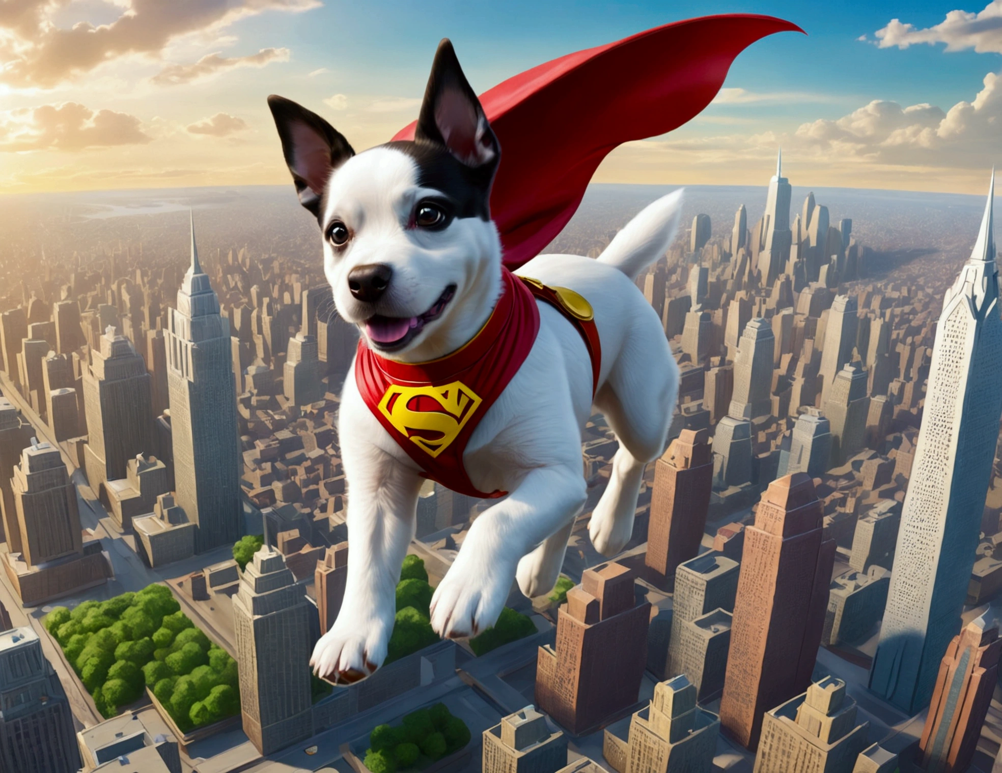 krypto the super puppy, happily flying over Metropolis looking for criminals to bring to justice