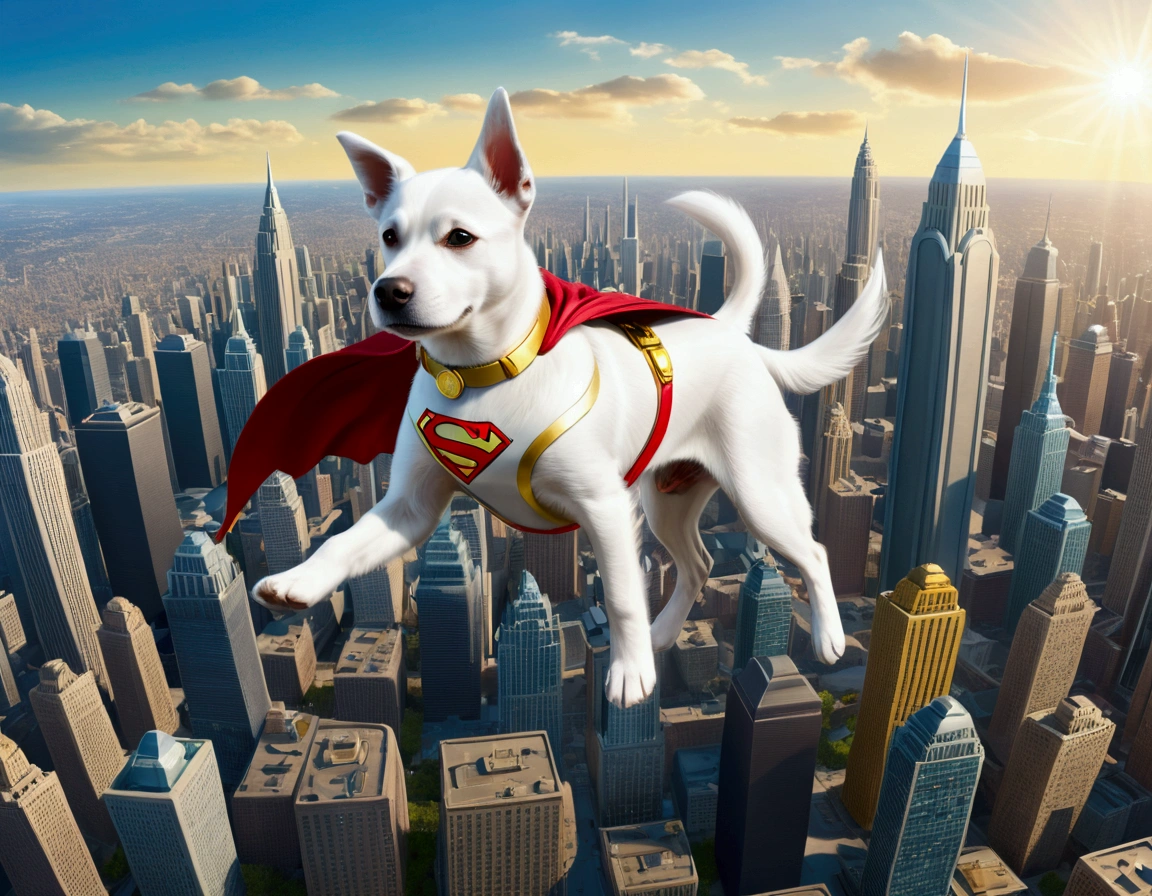 krypto the super puppy, happily flying over Metropolis looking for criminals to bring to justice