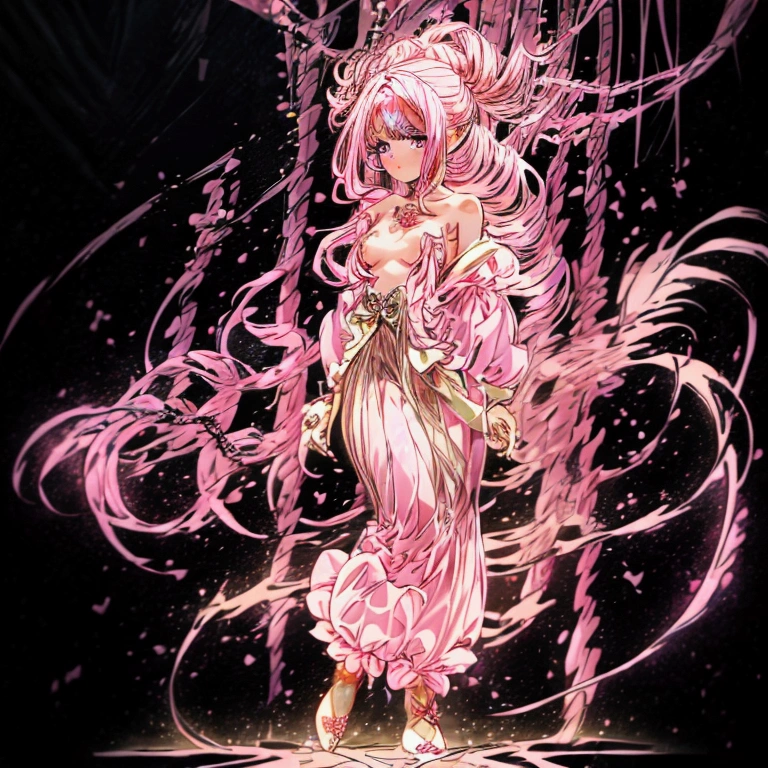 Anime-style girl with (((deep magenta eyes and long, wavy pink hair))) ((styled in an elegant French braid)). (((She is slender, and , with small breasts))). ((Ensure a full-body shot of her)) wearing a (((pink, gold, and rose gold color magical girl-themed outfit.))) ((The outfit features a spider and spider web theme.)) The overall look is regal and ethereal, with magical glowing effects. cutesexy, , a hyperrealistic , hyperrealistic , realistic , seductive (anime girl), smooth anime cg art, beautiful alluring anime , ((magical girl)), (masterpiece), best quality, expressive eyes, perfect face ((Highest quality))、((8K))、(((8k wallpaper))) ((Full Body Shot: 1.5))、ultra detailed, masterpiece, best quality, solo