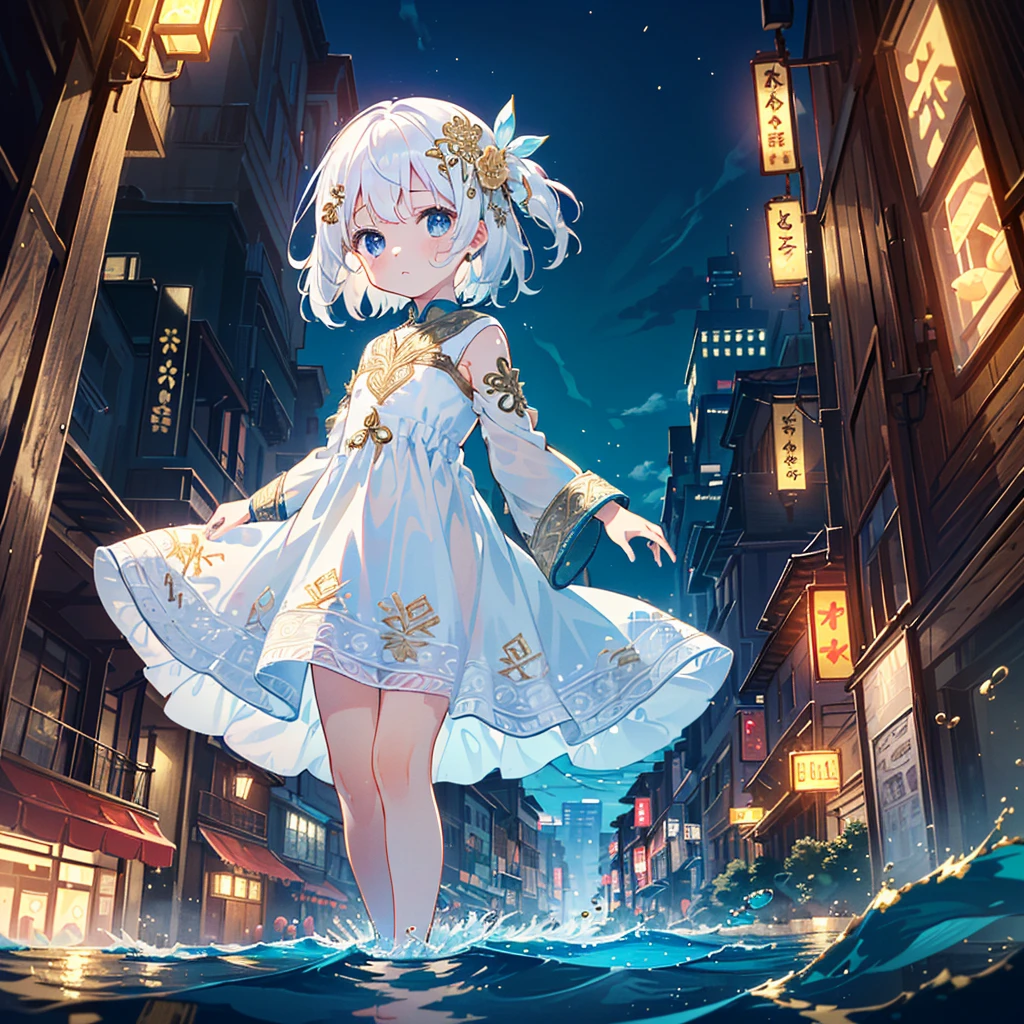 (((Masterpiece, highest quality, 8K, sharp, detailed, very clean, clear))), Underwater city (a city completely submerged in water, lights shining on buildings and streets underwater) Mysterious background), ((1 girl (white hair, middle hair, hair ornament (gold and gorgeous), floating in the air, ((white dress (intricate embroidery, cute design))), )) Sad Facial expression, small, young, flat chest, round face, young, small: 1.25), (baby face), (short limbs): 1.3), (((wide shot))), A girl looking at the floating city from land , looking a little sad