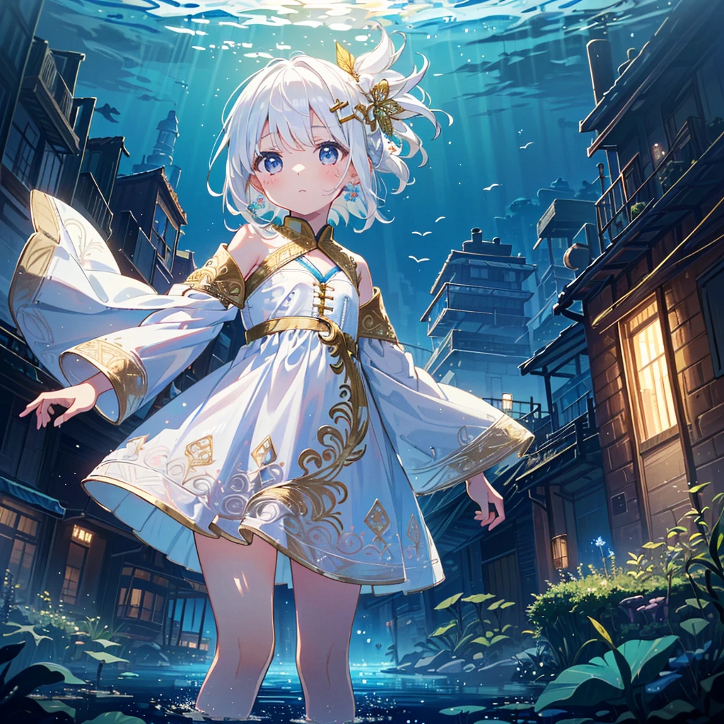 (((Masterpiece, highest quality, 8K, sharp, detailed, very clean, clear))), Underwater city (a city completely submerged in water, lights shining on buildings and streets underwater) Mysterious background), ((1 girl (white hair, middle hair, hair ornament (gold and gorgeous), floating in the air, ((white dress (intricate embroidery, cute design))), 5-year-old girl)) Sad Facial expression, small, young, flat chest, round face, young, small: 1.25), (baby face), (short limbs): 1.3), (((wide shot))), A girl looking at the floating city from land , looking a little sad
