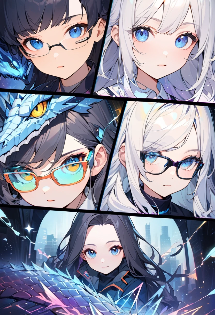Middle school girl outfit,Wear tech glasses,Using AI devices,Background with dragon,Modern comic book style,Delicate and complex brushstrokes,Cool feeling,Character Close-up,Smart expressions,Urban feel,citypop,Fine and dense hair,bioluminescence,Dark Magic,Foggy,gorgeous,dream,blue,Light orange