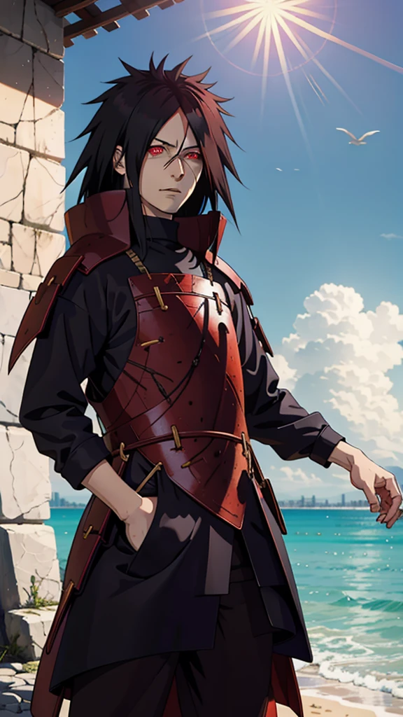 1male, Uchiha Madara from the anime Naruto, with long black hair and piercing red eyes. He has a handsome and confident appearance, with a captivating smile on his face.

He is wearing a set of red clothes that are intricately detailed, showcasing the high-quality craftsmanship and realistic texture. The fabric flows gracefully, accentuating his every movement.

The scene is set in a vibrant beach city background, with the sun shining brightly and casting a warm glow on Madara. The city is bustling with life, with palm trees swaying gently in the breeze and people enjoying their time at the beach. The clear blue sea stretches as far as the eye can see, creating a tranquil and serene ambiance.

The image quality is of the utmost importance, with a focus on achieving the best possible resolution. The details are ultra-detailed, capturing every strand of hair, every wrinkle in the clothing, and every subtle expression on Madara's face. The image aims to be realistic and photorealistic, immersing the viewer in the world of Naruto.

In terms of art style, the image combines the essence of anime and concept artists, blending the dynamic and expressive nature of anime with the meticulous attention to detail seen in concept art. The overall color palette is vibrant and vivid, with a touch of warmth to highlight Madara's presence.

The lighting in the image accentuates Madara's features, casting shadows that add depth and dimension to his face. The sunlight bathes him in a soft, golden glow, further enhancing his striking appearance.

Overall, the prompt aims to depict Uchiha Madara in a realistic and captivating manner, showcasing his iconic features and personality. It seeks to create a stunning image that captures the essence of the Naruto series while showcasing the talent of the artist.