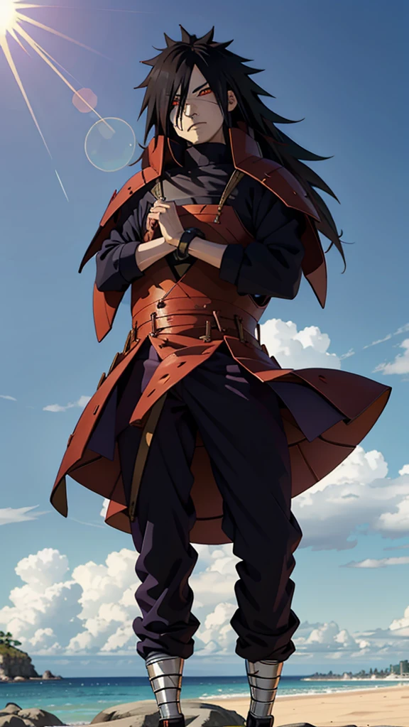 1male, Uchiha Madara from the anime Naruto, with long black hair and piercing red eyes. He has a handsome and confident appearance, with a captivating smile on his face.
He is wearing a set of red clothes that are intricately detailed, showcasing the high-quality craftsmanship and realistic texture. The fabric flows gracefully, accentuating his every movement.
The scene is set in a vibrant beach city background, with the sun shining brightly and casting a warm glow on Madara. The city is bustling with life, with palm trees swaying gently in the breeze and people enjoying their time at the beach. The clear blue sea stretches as far as the eye can see, creating a tranquil and serene ambiance.
The image quality is of the utmost importance, with a focus on achieving the best possible resolution. The details are ultra-detailed, capturing every strand of hair, every wrinkle in the clothing, and every subtle expression on Madara's face. The image aims to be realistic and photorealistic, immersing the viewer in the world of Naruto.
In terms of art style, the image combines the essence of anime and concept artists, blending the dynamic and expressive nature of anime with the meticulous attention to detail seen in concept art. The overall color palette is vibrant and vivid, with a touch of warmth to highlight Madara's presence.
The lighting in the image accentuates Madara's features, casting shadows that add depth and dimension to his face. The sunlight bathes him in a soft, golden glow, further enhancing his striking appearance.
Overall, the prompt aims to depict Uchiha Madara in a realistic and captivating manner, showcasing his iconic features and personality. It seeks to create a stunning image that captures the essence of the Naruto series while showcasing the talent of the artist.