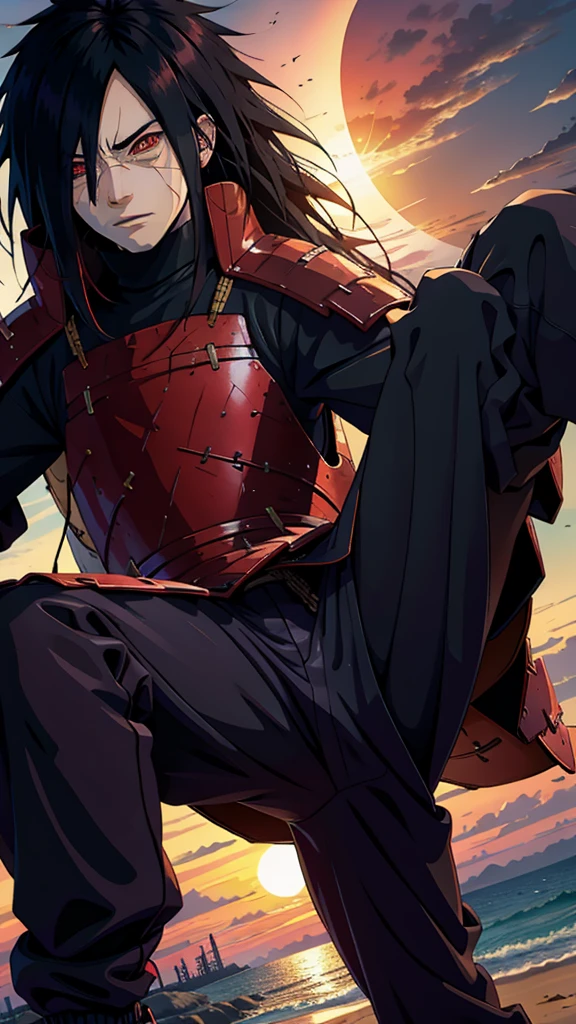 1male, Uchiha Madara from the anime Naruto, with long black hair and piercing red eyes. He has a handsome and confident appearance, with a captivating smile on his face.
He is wearing a set of red clothes that are intricately detailed, showcasing the high-quality craftsmanship and realistic texture. The fabric flows gracefully, accentuating his every movement.
The scene is set in a vibrant beach city background, with the sun shining brightly and casting a warm glow on Madara. The city is bustling with life, with palm trees swaying gently in the breeze and people enjoying their time at the beach. The clear blue sea stretches as far as the eye can see, creating a tranquil and serene ambiance.
The image quality is of the utmost importance, with a focus on achieving the best possible resolution. The details are ultra-detailed, capturing every strand of hair, every wrinkle in the clothing, and every subtle expression on Madara's face. The image aims to be realistic and photorealistic, immersing the viewer in the world of Naruto.
In terms of art style, the image combines the essence of anime and concept artists, blending the dynamic and expressive nature of anime with the meticulous attention to detail seen in concept art. The overall color palette is vibrant and vivid, with a touch of warmth to highlight Madara's presence.
The lighting in the image accentuates Madara's features, casting shadows that add depth and dimension to his face. The sunlight bathes him in a soft, golden glow, further enhancing his striking appearance.
Overall, the prompt aims to depict Uchiha Madara in a realistic and captivating manner, showcasing his iconic features and personality. It seeks to create a stunning image that captures the essence of the Naruto series while showcasing the talent of the artist.
