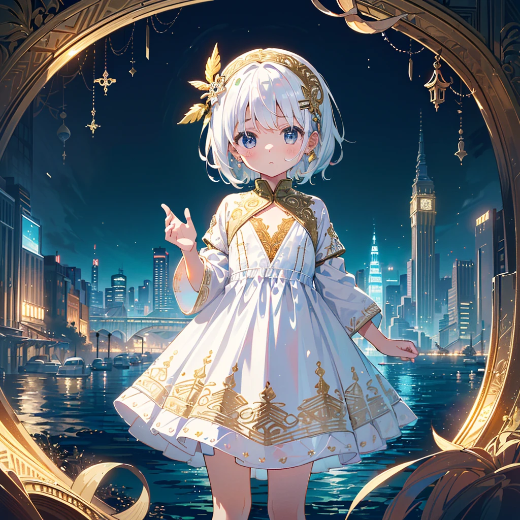 (((Masterpiece, highest quality, 8K, sharp, detailed, very clean, clear))), Underwater city (a city completely submerged in water, lights shining on buildings and streets underwater) Mysterious background), ((1 girl (white hair, middle hair, hair ornament (gold and gorgeous), floating in the air, ((white dress (intricate embroidery, cute design))), 5-year-old girl)) Sad Facial expression, small, young, flat chest, round face, young, small: 1.25), (baby face), (short limbs): 1.3), (((wide shot))), A girl looking at the floating city from land , looking a little sad
