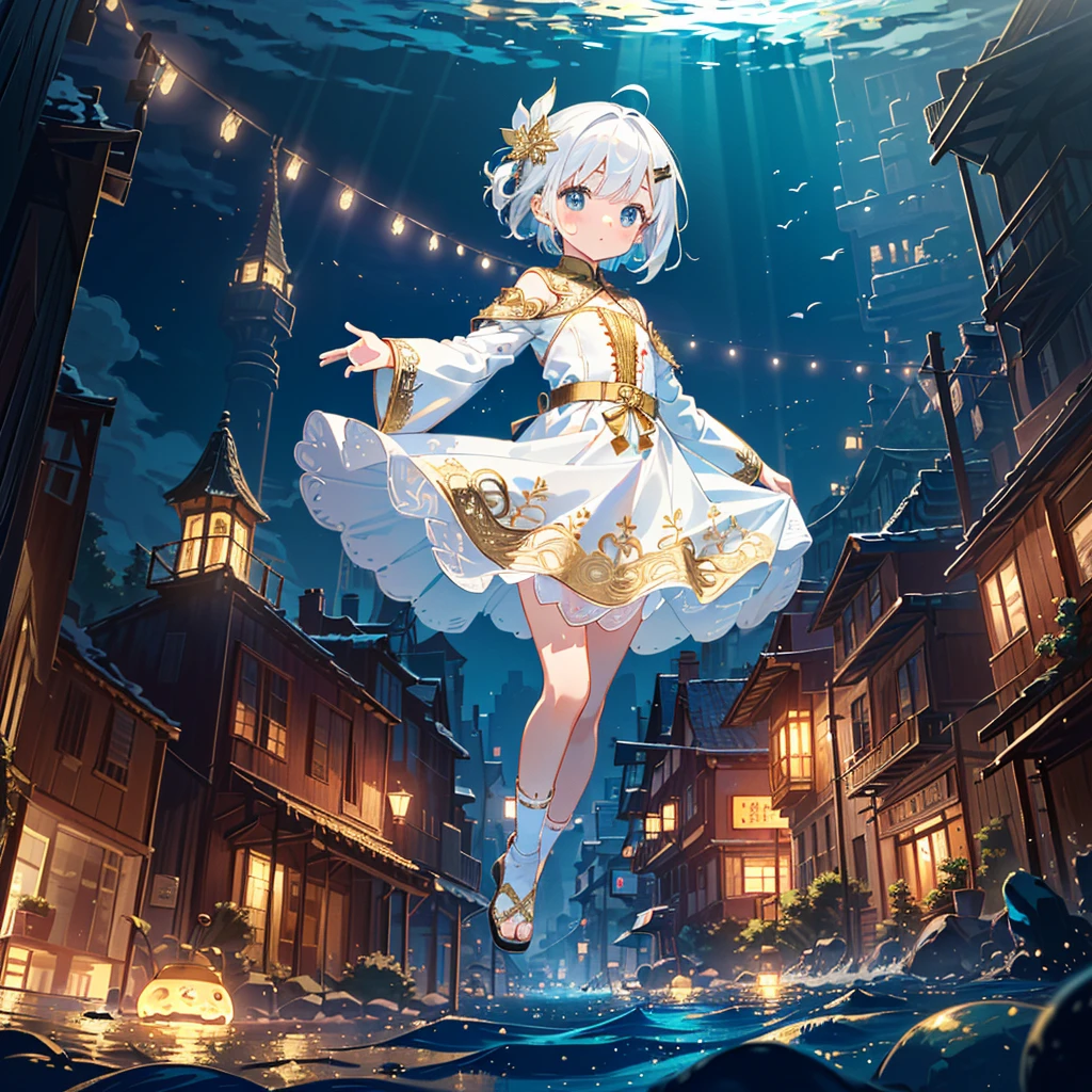 (((Masterpiece, highest quality, 8K, sharp, detailed, very clean, clear))), Underwater city (a city completely submerged in water, lights shining on buildings and streets underwater) Mysterious background), ((1 girl (white hair, middle hair, hair ornament (gold and gorgeous), floating in the air, ((white dress (intricate embroidery, cute design))), 5--old l)) Sad Facial expression, small, young, flat chest, round face, young, small: 1.25), (baby fart limbs): 1.3), (((wide shot))), A girl looking at the floating city from land , looking a little sad