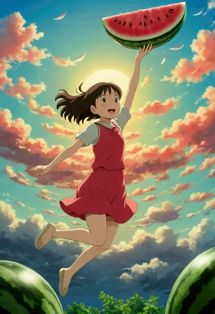 Ghibli summer 空jump holding watermelon jump girl