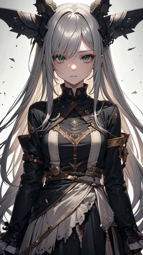 (Top resolution、Distinct_image)top-quality、A fox girl 、masterpiece、highly detailed, half body, Semi-realistic、green eyes 、18year old, silver hairs ,young 、Exquisite facial features、Facial features ,variation potrait, long hairstyles, , age, cool , cold sharp eyes, An expression of despair., Torn clothes, destroyed clothes, damaged clothing, all dirty, dirty, dirt, lifeless eyes, blood on face, , {Very detailed 8k CG unit wallpaper}, fantasy,