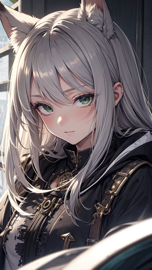 (Top resolution、Distinct_image)top-quality、A fox girl 、​masterpiece、highly detailed, half body, Semi-realistic、green eyes 、18year old, silver hairs ,young 、Exquisite facial features、Facial features ,variation potrait, long  hairstyles,  , teenage, cool , cold sharp eyes, An expression of despair., Torn clothes, destroyed clothes, damaged clothing, all dirty, dirty, dirt, lifeless eyes, blood on face, , {Very detailed 8k CG unit wallpaper},  fantasy, 