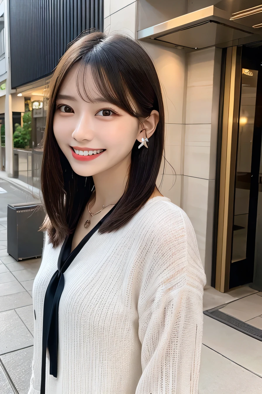 Highest quality, ,smile、Beautiful teeth alignment、Black Hair、、Short Haircut、Long sleeve blouse、ear piercing、necklace, , Face Focus、In the background is the entrance to the building