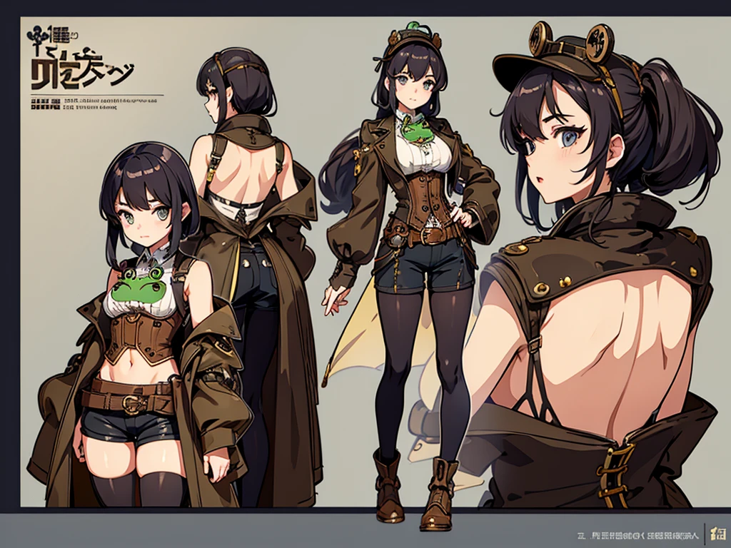 Frog-like face、Distant eyes、Big Mouth、Low Nose、steampunk、Three-dimensional view、Front, side and back view、Standing woman、Shorts、Small breasts