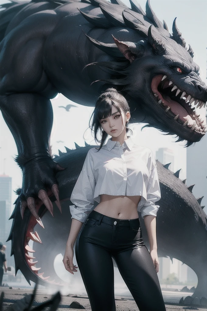 beautiful girl fighting with massive monster, she wear white shirt and black pants, lower belly, perfect body, fight with scary monster, crowd of monster, surrounded by monster, bloody, from behind,