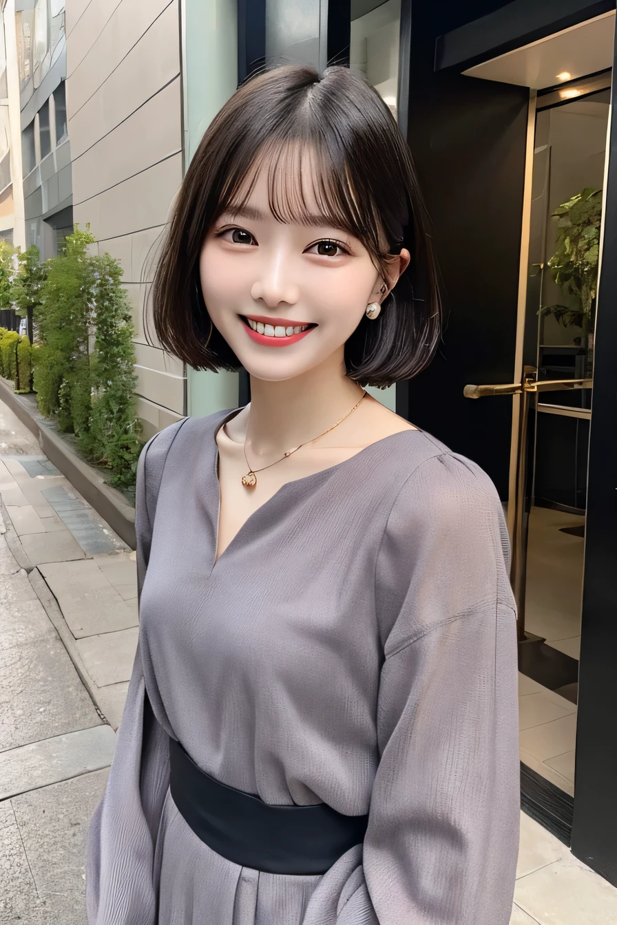((masterpiece)), ((Highest quality)), ((Complex)), ((Surreal)), (Realistic), (Mature Woman), ((There are no classes)), Very detailed, (1 female), Beautiful and exquisite, (Beautiful Teeth), Grin, Brunette Bob Hair, Brown eyes, ((blouse)), (Upper Body), (background:none), Perfect Eyes, Captivating eyes, Looking at the audience