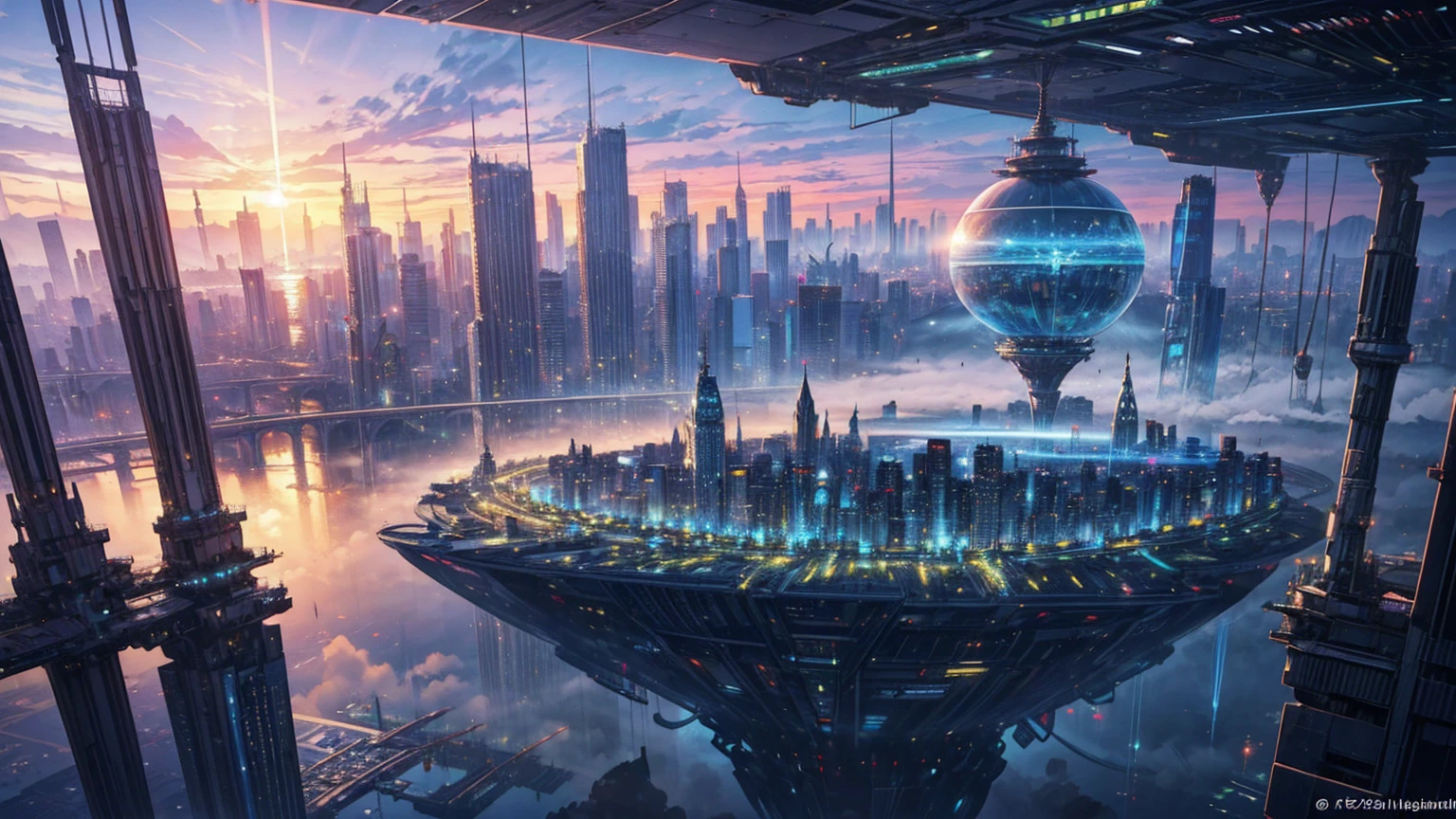 (Best quality,4K,8K,A high resolution,Masterpiece:1.2),Ultra-detailed,(Realistic,Photorealistic,photo-realistic:1.37),Futuristic floating city,Futuristic technology,Huge urban high-tech tablet platform,Airship,Floating in the sky,Futuristic city,Small airships around,High-tech hemispherical platform,Colorful lights,Advanced architecture,modernn architecture,skyscrapper,Access the cloud,Scenic beauty,view over city,Impressive design,Blend seamlessly with nature,energetic and vibrant atmosphere,Futuristic transportation system,Parking is suspended,Transparent path,Lush greenery,Sky gardens,cascading waterfalls,Magnificent skyline,reflections on the water,Sparkling river,Architectural innovation,futuristic skyscrapers,Transparent dome,The shape of the building is unusual,Elevated walkway,Impressive skyline,Glowing lights,Futuristic technology,Minimalist design,Scenic spots,Panoramic view,Cloud Piercing Tower,Vibrant colors,epic sunrise,epic sunset,Dazzling light display,magical ambiance,The future city,Urban Utopia,LuxuryLifestyle,Innovative energy,sustainable development,Smart city technology,Advanced infrastructure,Tranquil atmosphere,Nature and technology live in harmony,Awesome cityscape,Unprecedented urban planning,Architecture connects seamlessly with nature,High-tech metropolis,A cutting-edge engineering marvel,The future of urban living,Visionary architectural concept,Energy-efficient buildings,Harmony with the environment,A city floating above the clouds,Utopian dreams become reality,The possibilities are endless,State-of-the-art transportation network,Green energy integration,Innovative materials,Impressive holographic display,Advanced communication system,Breathtaking aerial view,Quiet and peaceful environment,Modernist aesthetics,Ethereal beauty