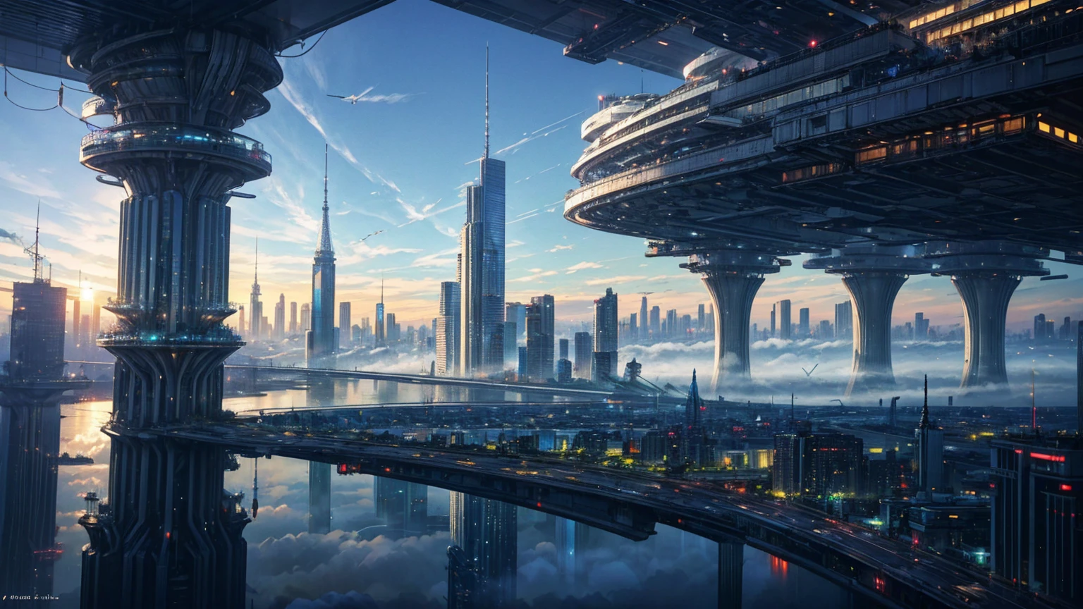(Best quality,4K,8K,A high resolution,Masterpiece:1.2),Ultra-detailed,(Realistic,Photorealistic,photo-realistic:1.37),Futuristic floating city,Futuristic technology,Huge urban high-tech tablet platform,Airship,Floating in the sky,Futuristic city,Small airships around,High-tech hemispherical platform,Colorful lights,Advanced architecture,modernn architecture,skyscrapper,Access the cloud,Scenic beauty,view over city,Impressive design,Blend seamlessly with nature,energetic and vibrant atmosphere,Futuristic transportation system,Parking is suspended,Transparent path,Lush greenery,Sky gardens,cascading waterfalls,Magnificent skyline,reflections on the water,Sparkling river,Architectural innovation,futuristic skyscrapers,Transparent dome,The shape of the building is unusual,Elevated walkway,Impressive skyline,Glowing lights,Futuristic technology,Minimalist design,Scenic spots,Panoramic view,Cloud Piercing Tower,Vibrant colors,epic sunrise,epic sunset,Dazzling light display,magical ambiance,The future city,Urban Utopia,LuxuryLifestyle,Innovative energy,sustainable development,Smart city technology,Advanced infrastructure,Tranquil atmosphere,Nature and technology live in harmony,Awesome cityscape,Unprecedented urban planning,Architecture connects seamlessly with nature,High-tech metropolis,A cutting-edge engineering marvel,The future of urban living,Visionary architectural concept,Energy-efficient buildings,Harmony with the environment,A city floating above the clouds,Utopian dreams become reality,The possibilities are endless,State-of-the-art transportation network,Green energy integration,Innovative materials,Impressive holographic display,Advanced communication system,Breathtaking aerial view,Quiet and peaceful environment,Modernist aesthetics,Ethereal beauty