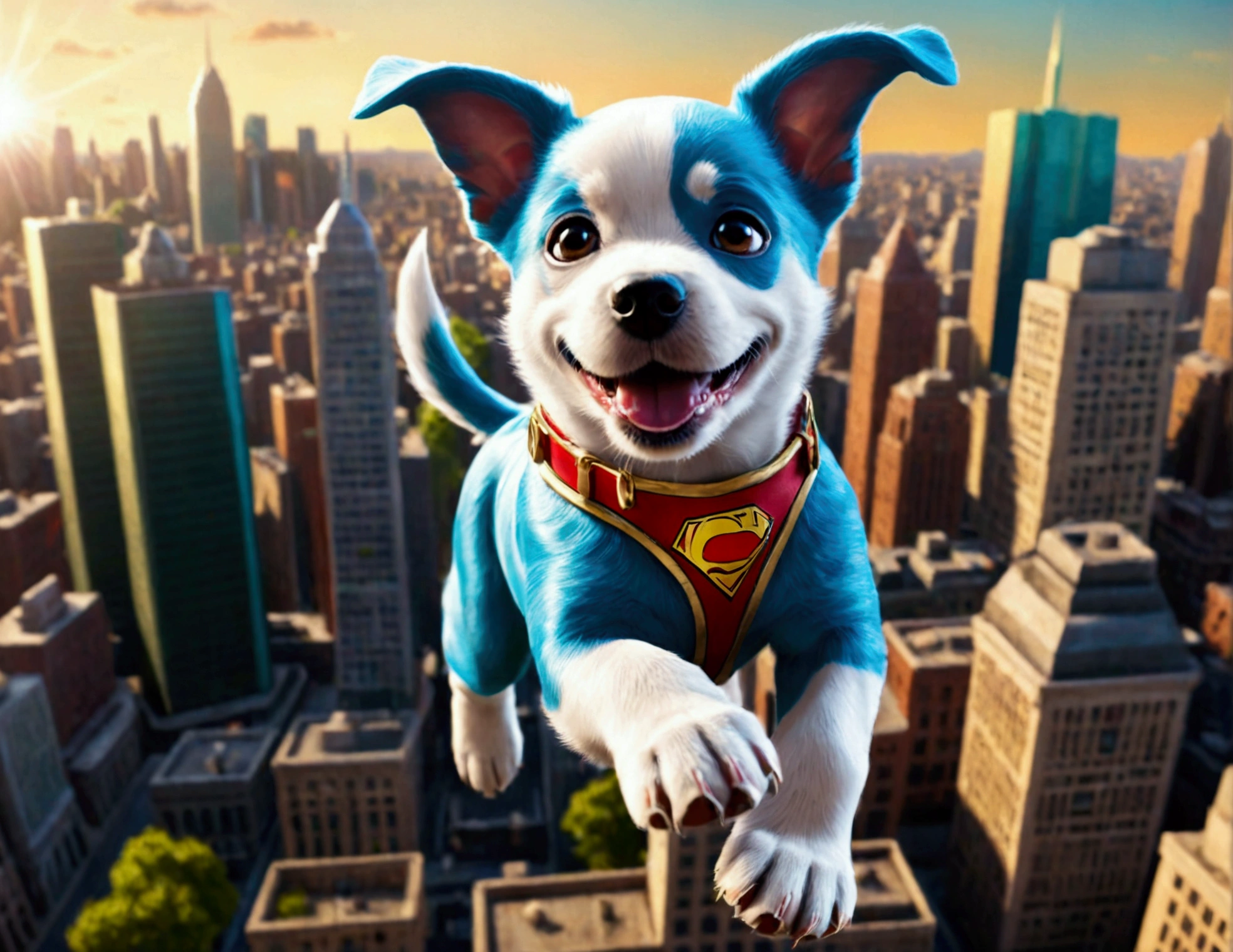 krypto the super puppy, happily flying over Metropolis looking for criminals to bring to justice, intricate detailed 3D rendering, photorealistic, high quality, cinematic lighting, vibrant colors, dynamic action pose, cityscape background, crisp focus, volumetric lighting, dramatic camera angle, heroic expression, muscular build, cute puppy eyes, adorable facial features, wagging tail, vibrant colors, high resolution