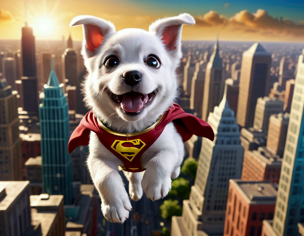 krypto the super puppy, happily flying over Metropolis looking for criminals to bring to justice, intricate detailed 3D rendering, photorealistic, high quality, cinematic lighting, vibrant colors, dynamic action pose, cityscape background, crisp focus, volumetric lighting, dramatic camera angle, heroic expression, muscular build, cute puppy eyes, adorable facial features, wagging tail, vibrant colors, high resolution