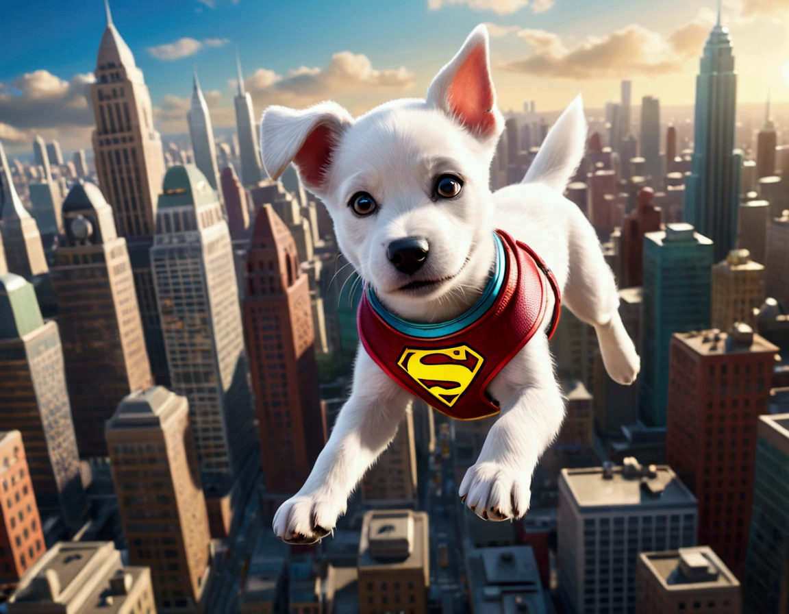 krypto the super puppy, happily flying over Metropolis looking for criminals to bring to justice, intricate detailed 3D rendering, photorealistic, high quality, cinematic lighting, vibrant colors, dynamic action pose, cityscape background, crisp focus, volumetric lighting, dramatic camera angle, heroic expression, muscular build, cute puppy eyes, adorable facial features, wagging tail, vibrant colors, high resolution