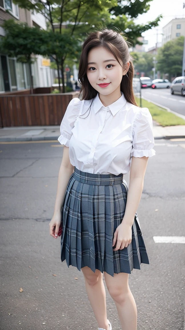 Wearing a white shirt, girl, Large breast bulge,(tight top:1.5),close your mouth and smile,legs long,((暗红Short plaid pleated skirt:1.3)),White skin of the,high high quality,4K, Face-to-face audience, 1 plump girl,hair tying up,at the street side,(Bring your legs together:1.5),with a round face, 32 inches in the chest, (sexy pose),(standing pose) ,(full body shot)、Chest 32 inches, ,Stand on the grass and take pictures