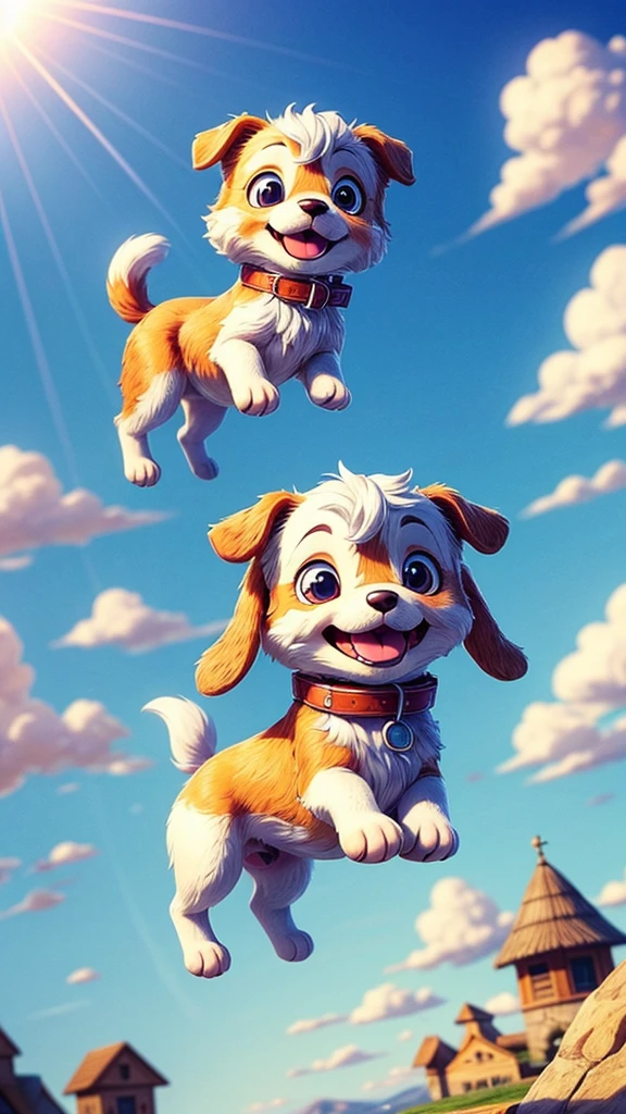 a cute puppy flying in the sky with a cute girl, extremely detailed fur,  puppy, cute dog, beautiful detailed eyes,beautiful detailed nose,beautiful detailed mouth,fluffy,soft,playful,happy expression,dynamic movement,blue sky,clouds,sunlight,warm color tone,cinematic lighting,photorealistic,8k,detailed description,masterpiece,digital art