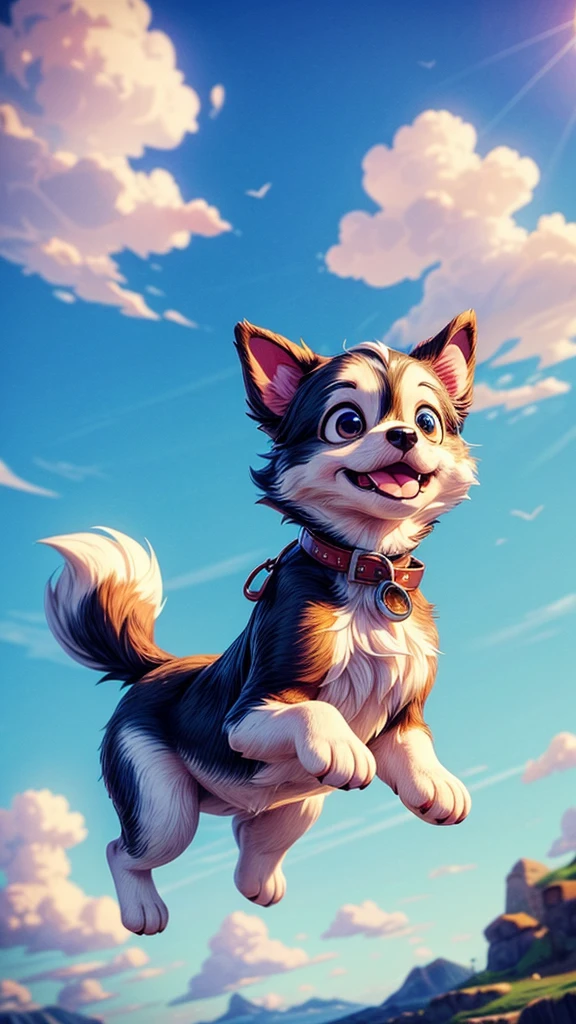 a cute puppy flying in the sky with a cute girl, extremely detailed fur,  puppy, cute dog, beautiful detailed eyes,beautiful detailed nose,beautiful detailed mouth,fluffy,soft,playful,happy expression,dynamic movement,blue sky,clouds,sunlight,warm color tone,cinematic lighting,photorealistic,8k,detailed description,masterpiece,digital art