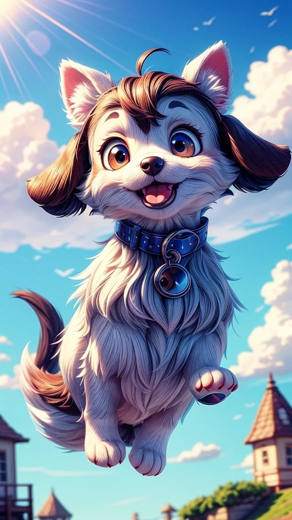 a cute puppy flying in the sky with a cute girl, extremely detailed fur,  puppy, cute dog, beautiful detailed eyes,beautiful detailed nose,beautiful detailed mouth,fluffy,soft,playful,happy expression,dynamic movement,blue sky,clouds,sunlight,warm color tone,cinematic lighting,photorealistic,8k,detailed description,masterpiece,digital art