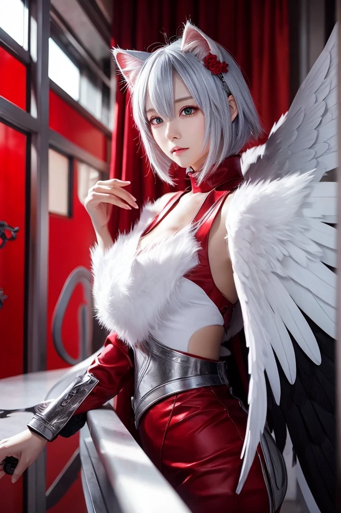 Silver Hair anime Handsome Red cat-like eyes Has three pairs of wings