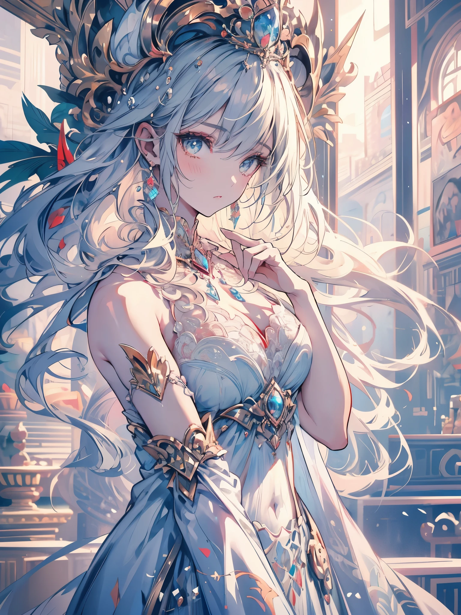 There is a woman with a long plain white dress where her thighs show, neckleace, a thin, long crown in the center of your head, the beautiful fantasy queen, long white hair with streaks of blood at the ends, straight hair, (((thick))), fully body, a work of art in the Guvez style. 5d cgi anime fantasy art, High-quality, detailed artwork in 8K, random scene background