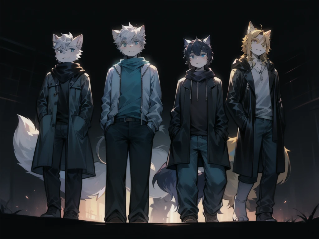 All staff side,walk,Anime style,Brighter scene,Large background light source,five characters,The first one:hairy,16 years old,Young Style,Handsome,Bright Eyes,Male wolf,Dark blue hair,White hair on the face,Blue Eyes ,Yellow ear hair,Yellow hair around eyes,Tail blue and white,Gray blue coat,Casual shorts,With a hood,Height 1.6 meters,Calm。The second:hairy,15 years old,Bright Eyes,Lovely,Male cats,White eyes,Blonde hair,White hair on face,Yellow and white tail,Grey short-sleeved shorts,casual-style,Height 1.6 meters,Wearing a cape,optimistic。The third:Furry Anthropomorphic,Deep eyes,16 years old,Handsome,Male wolf,Gray-black hair,Big gray tail,Wrapped in a black scarf,Wearing a grey coat,Hands in pockets,trousers,Height 1.7 meters,mysterious,Calm。The fourth:Furry Anthropomorphic,Bright Eyes,15 years old,Lovely,Male cats,White hair all over,White eyes,Height 1.6 meters,There are several black tree-like lines on the face,Blue windbreaker and shorts,The tail is slightly pale white,Calm。Fifth:Male yellowish white fur, 17 years old,blue eyes, White hair (long), Wearing blue shorts and boxer shorts, Casual Clothing, Young Style, Height 1.7 meters, Handsome, Has a tail,Bright Eyes。