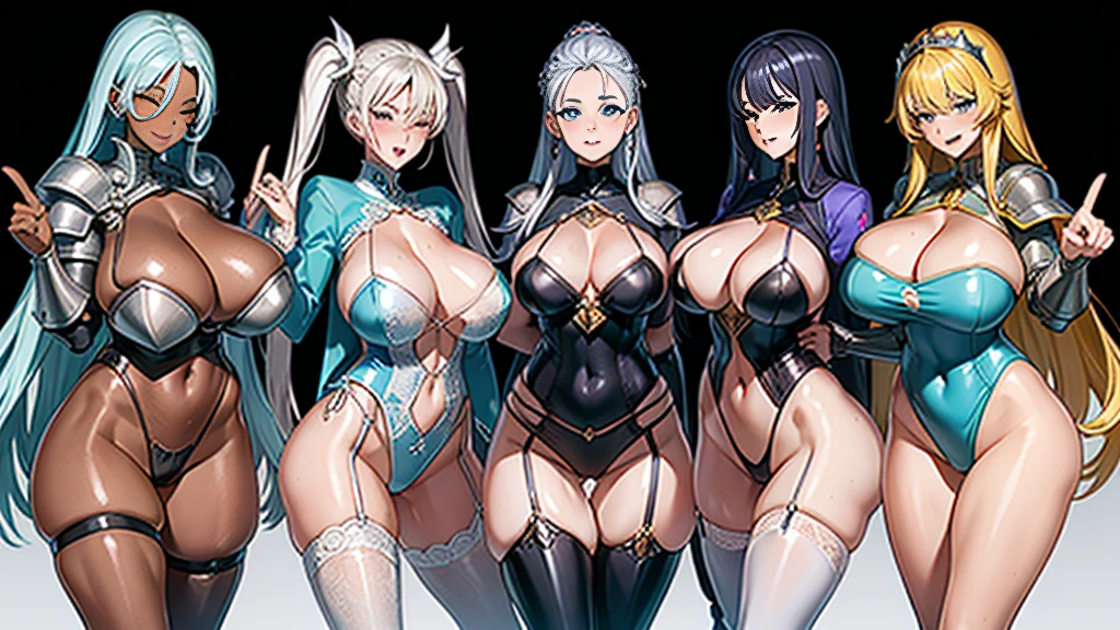 (masterpiece), Highest quality, (Fantasy:1.1), (Five Girls, Group shot:1.4), (the body is slim:1.1), (Huge boobs:1.5), (Dark Skin:1.1), (logic:1.1), blonde, Silver Hair, Twin tails, Braiding, amount, (Open your mouth, smile:1.1), (Wink:1.2), peace sign, (jewelry, knight armor, Complex leotard with sleeves, Leotard armor, Bikini Armor:1.2), garter belt, Cowboy Shot,Anatomically correct,