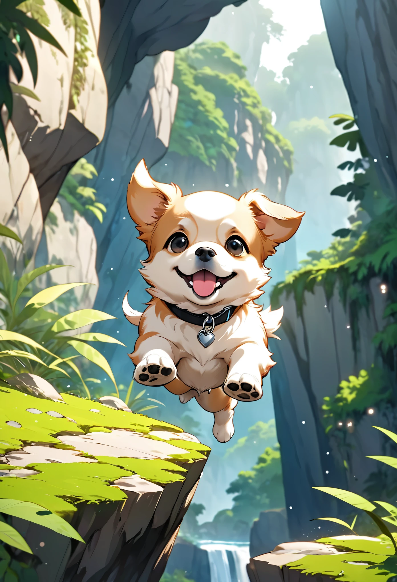 cute fluffy puppy jumping and flying over cliff, beautiful posture, rugged jungle terrain, slow motion effect, 2.5D, delicate and dynamic