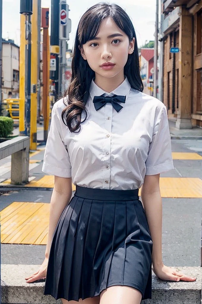 (masterpiece:1.2, Highest quality), (Realistic, photoRealistic:1.4), Beautiful illustrations, (Natural Side Lighting, Cinema Lighting), Written boundary depth, Beautiful thighs staring at the viewer, (Face Focus, Upper Body),Primary school students,alone,(With background:Hotel Rooms) , Curly Hair, Long Hair, amount, amount, amount, Very large , Short sleeve white collar shirt, Navy Pleated Skirt, Navy bow tie, Earrings, Are standing, Bare thighs