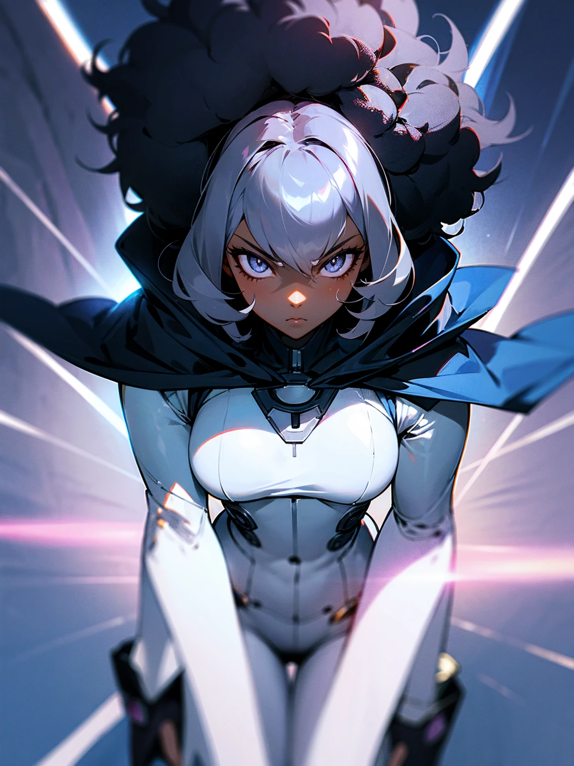 1female, darkskin, grey eyes, afro, super suit, cape, light beams, beautiful, serious