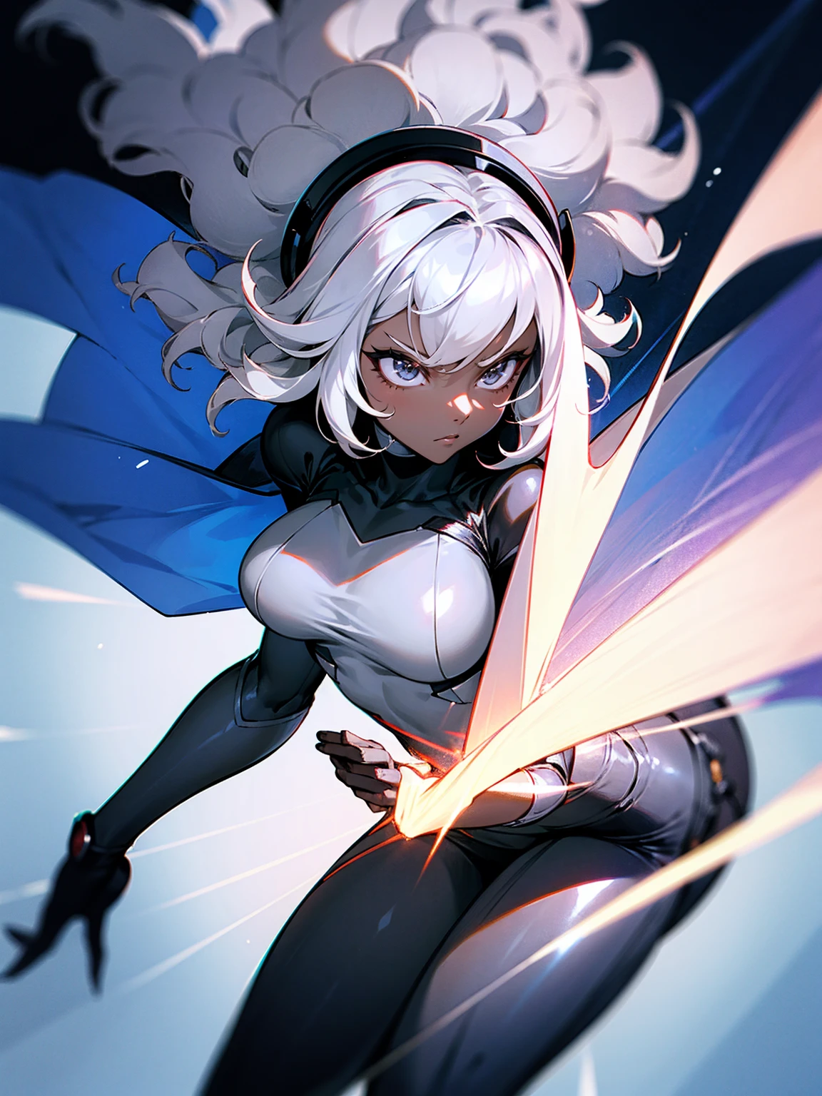 1female, darkskin, grey eyes, afro, super suit, cape, light beams, beautiful, serious