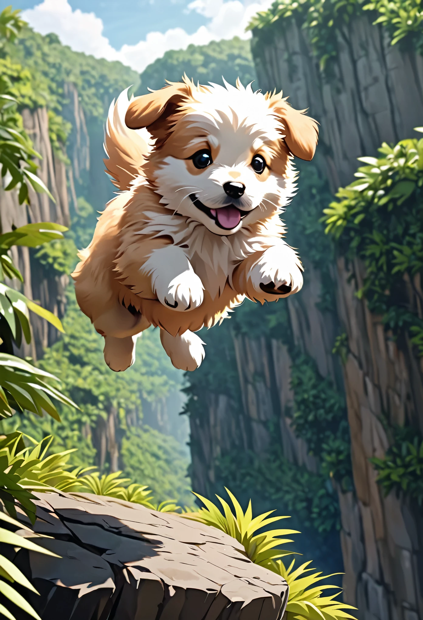 cute fluffy puppy jumping and flying over cliff, beautiful posture, rugged jungle terrain, slow motion effect, 2.5D, delicate and dynamic