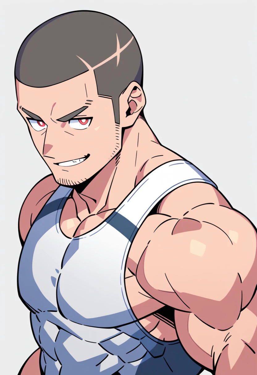 anime characters：Priapus, Muscle Sports Student, Buzz Cut, Manliness, male focus, Sports tight hooded sweatshirt, Wear a high-necked tights underneath, Very tight, full and perky chest muscles, muscular male, muscular, only, Upper body, alone, Red short hair, Thick eyebrows, stubble, Brown-red pupils, White background, simple background, amazing quality, best aesthetics, Ridiculous, crew cut, smirk, bright pupils, grin, negative space, negative space, best quality