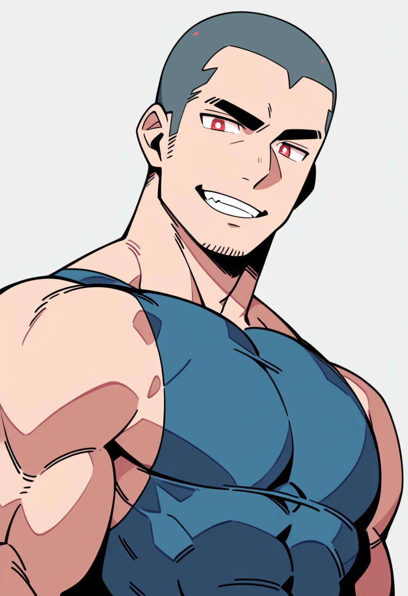 anime characters：Priapus, Muscle Sports Student, Buzz Cut, Manliness, male focus, Sports tight hooded sweatshirt, Wear a high-necked tights underneath, Very tight, full and perky chest muscles, muscular male, muscular, only, Upper body, alone, Red short hair, Thick eyebrows, stubble, Brown-red pupils, White background, simple background, amazing quality, best aesthetics, Ridiculous, crew cut, smirk, bright pupils, grin, negative space, negative space, best quality