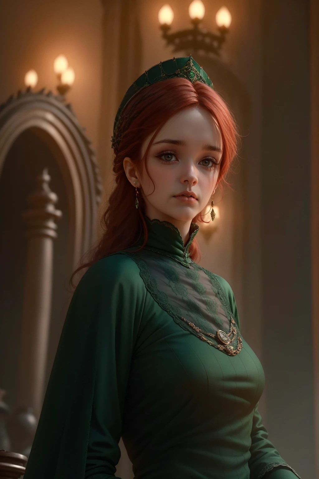 {-erro_de_anatomia:1.0} woman 40 years old, victorian era, queen clothes, (green dress), dark castle, a woman (alicent hightower), meddium dark red hair (dark red hair), (brown eyes) . Indifferent look , merciless. among the dragons, dinamic poses, egoist smile, upper body,