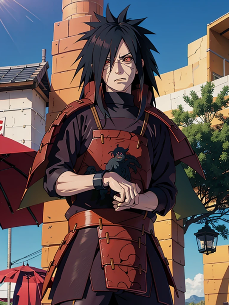 1male, Uchiha Madara from the anime Naruto, with long black hair and piercing red eyes. He has a handsome and confident appearance, with a captivating smile on his face.
He is wearing a set of red clothes that are intricately detailed, showcasing the high-quality craftsmanship and realistic texture. The fabric flows gracefully, accentuating his every movement.
The scene is set in a vibrant beach city background, with the sun shining brightly and casting a warm glow on Madara. The city is bustling with life, with palm trees swaying gently in the breeze and people enjoying their time at the beach. The clear blue sea stretches as far as the eye can see, creating a tranquil and serene ambiance.
The image quality is of the utmost importance, with a focus on achieving the best possible resolution. The details are ultra-detailed, capturing every strand of hair, every wrinkle in the clothing, and every subtle expression on Madara's face. The image aims to be realistic and photorealistic, immersing the viewer in the world of Naruto.
In terms of art style, the image combines the essence of anime and concept artists, blending the dynamic and expressive nature of anime with the meticulous attention to detail seen in concept art. The overall color palette is vibrant and vivid, with a touch of warmth to highlight Madara's presence.
The lighting in the image accentuates Madara's features, casting shadows that add depth and dimension to his face. The sunlight bathes him in a soft, golden glow, further enhancing his striking appearance.
Overall, the prompt aims to depict Uchiha Madara in a realistic and captivating manner, showcasing his iconic features and personality. It seeks to create a stunning image that captures the essence of the Naruto series while showcasing the talent of the artist.
