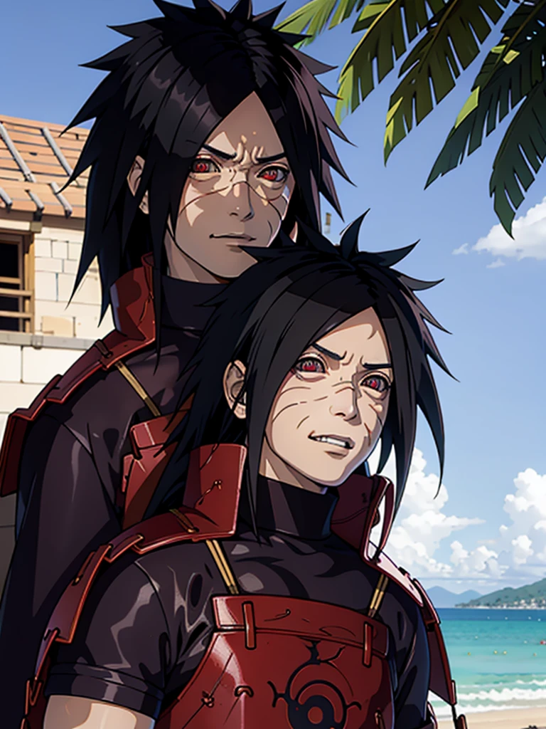 1male, Uchiha Madara from the anime Naruto, with long black hair and piercing red eyes. He has a handsome and confident appearance, with a captivating smile on his face.

He is wearing a set of red clothes that are intricately detailed, showcasing the high-quality craftsmanship and realistic texture. The fabric flows gracefully, accentuating his every movement.

The scene is set in a vibrant beach city background, with the sun shining brightly and casting a warm glow on Madara. The city is bustling with life, with palm trees swaying gently in the breeze and people enjoying their time at the beach. The clear blue sea stretches as far as the eye can see, creating a tranquil and serene ambiance.

The image quality is of the utmost importance, with a focus on achieving the best possible resolution. The details are ultra-detailed, capturing every strand of hair, every wrinkle in the clothing, and every subtle expression on Madara's face. The image aims to be realistic and photorealistic, immersing the viewer in the world of Naruto.

In terms of art style, the image combines the essence of anime and concept artists, blending the dynamic and expressive nature of anime with the meticulous attention to detail seen in concept art. The overall color palette is vibrant and vivid, with a touch of warmth to highlight Madara's presence.

The lighting in the image accentuates Madara's features, casting shadows that add depth and dimension to his face. The sunlight bathes him in a soft, golden glow, further enhancing his striking appearance.

Overall, the prompt aims to depict Uchiha Madara in a realistic and captivating manner, showcasing his iconic features and personality. It seeks to create a stunning image that captures the essence of the Naruto series while showcasing the talent of the artist.