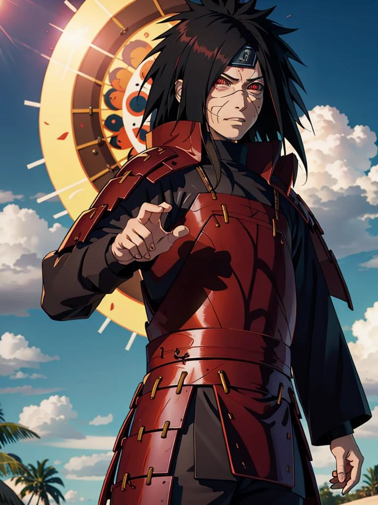 1male, Uchiha Madara from the anime Naruto, with long black hair and piercing red eyes. He has a handsome and confident appearance, with a captivating smile on his face.

He is wearing a set of red clothes that are intricately detailed, showcasing the high-quality craftsmanship and realistic texture. The fabric flows gracefully, accentuating his every movement.

The scene is set in a vibrant beach city background, with the sun shining brightly and casting a warm glow on Madara. The city is bustling with life, with palm trees swaying gently in the breeze and people enjoying their time at the beach. The clear blue sea stretches as far as the eye can see, creating a tranquil and serene ambiance.

The image quality is of the utmost importance, with a focus on achieving the best possible resolution. The details are ultra-detailed, capturing every strand of hair, every wrinkle in the clothing, and every subtle expression on Madara's face. The image aims to be realistic and photorealistic, immersing the viewer in the world of Naruto.

In terms of art style, the image combines the essence of anime and concept artists, blending the dynamic and expressive nature of anime with the meticulous attention to detail seen in concept art. The overall color palette is vibrant and vivid, with a touch of warmth to highlight Madara's presence.

The lighting in the image accentuates Madara's features, casting shadows that add depth and dimension to his face. The sunlight bathes him in a soft, golden glow, further enhancing his striking appearance.

Overall, the prompt aims to depict Uchiha Madara in a realistic and captivating manner, showcasing his iconic features and personality. It seeks to create a stunning image that captures the essence of the Naruto series while showcasing the talent of the artist.