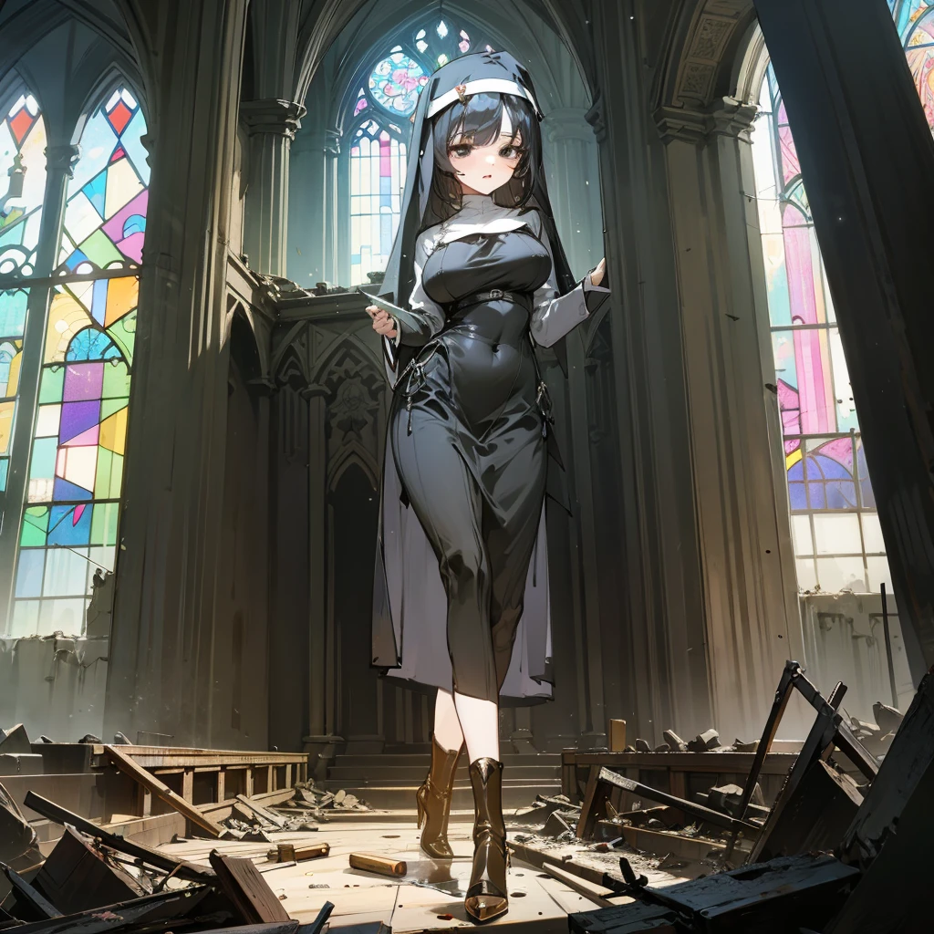 (solo), 1 skinny nun, (black sheer nun's robe), large breasts, stiletto heels, BREAK, black short hair, long sidelocks, black eyes, BREAK, short torso, skinny waist, skinny long legs, BREAK, old rotten church, devastated ruin, stained glass, BREAK, orgasm