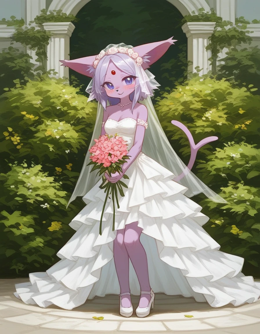 alone, score_9,score_8_up,score_7_up, an anthro furry female espeon girl, full body, wearing wedding dress, holding flowers, blushing, garden background.