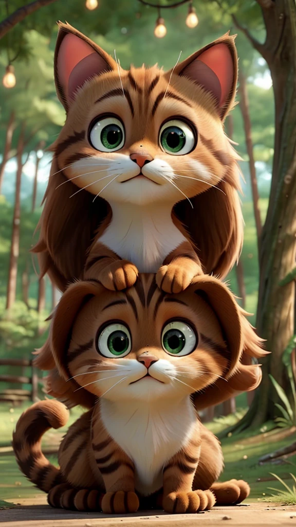 These scenes are depicted in a highly realistic style.、Make sure the cat's facial expressions and movements are exaggerated like a human's。
The main character is a brown cat with cute chubby eyes. The main character is one who never changes. Mimi, the brown cat, gazes out at the large forest that spreads out beyond the village.。Her eyes sparkle、Appearance of having a strong desire。A mysterious light shines into the entrance to the forest.、Attract Mimi's heart。