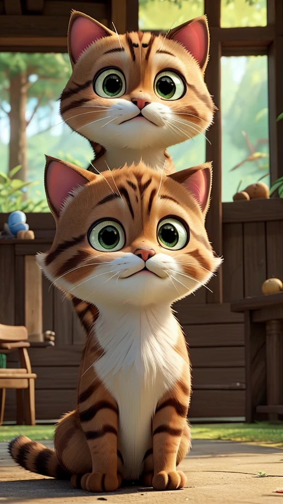 These scenes are depicted in a highly realistic style.、Make sure the cat's facial expressions and movements are exaggerated like a human's。
The main character is a brown cat with cute chubby eyes. The main character is one who never changes. Mimi, the brown cat, gazes out at the large forest that spreads out beyond the village.。Her eyes sparkle、Appearance of having a strong desire。A mysterious light shines into the entrance to the forest.、Attract Mimi's heart。