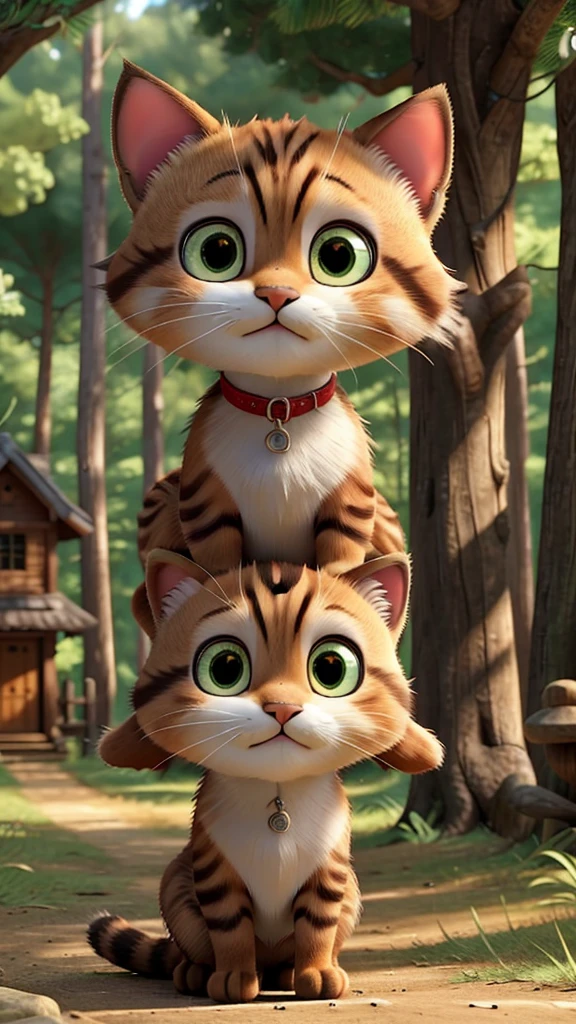 These scenes are depicted in a highly realistic style.、Make sure the cat's facial expressions and movements are exaggerated like a human's。
The main character is a brown cat with cute chubby eyes. The main character is one who never changes. Mimi, the brown cat, gazes out at the large forest that spreads out beyond the village.。Her eyes sparkle、Appearance of having a strong desire。A mysterious light shines into the entrance to the forest.、Attract Mimi's heart。